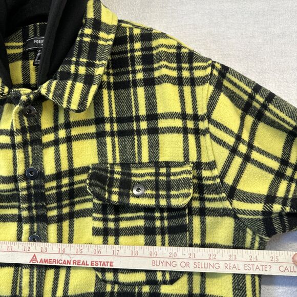 Forever 21 Men Yellow Black Plaid Hooded Flannel Shirt Jacket Size L Pockets - Picture 8 of 12